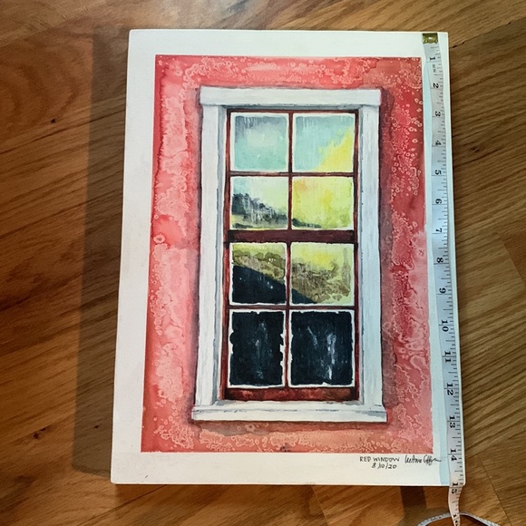 Red wall window watercolor painting 11” by 15” on birch board by local artist. - Picture 9 of 9